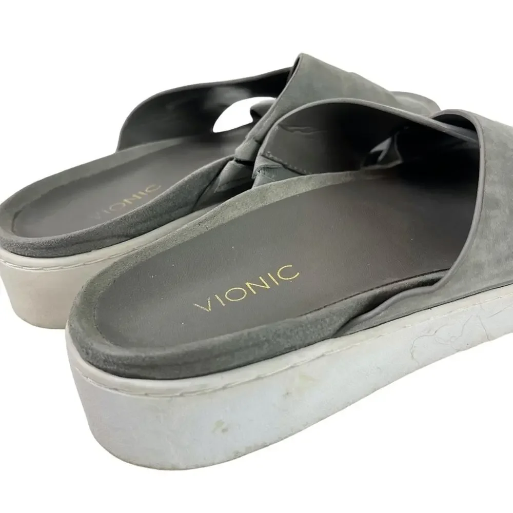 Vionic Lou Gray Wide Criss Cross Strap Slides Genuine Leather Platform Sandals 9